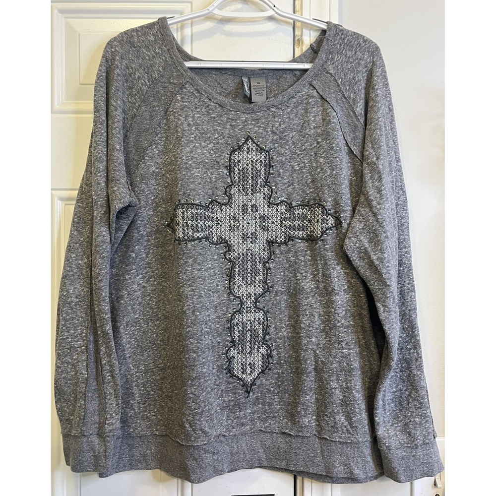New Directions 1X Sweatshirt Gray Rhinestone Cross Studded Y2K Grunge Raw Seam